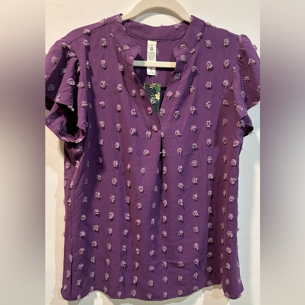 New Blooming Jelly Short Sleeve Blouse with Textured Dots Purple Size M